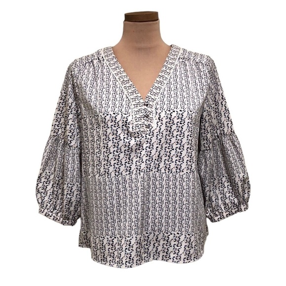 Anthropologie Skies Are Blue Blouse Size Small Cream Blue Print Bubble Sleeve - Picture 1 of 12